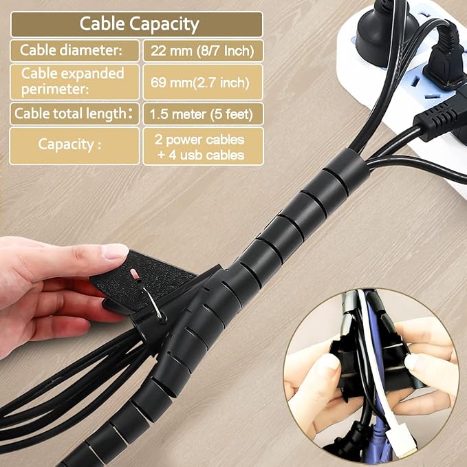 PC Cable Management Sleeve Tube Desk Cord Organizer 2 PCS Black, 7/8 inch -5 ft Cover Wrap Easy to Install Messy Wire Solution for TV Office Computer, Pet Chew and Bite Proof Cable Protector
