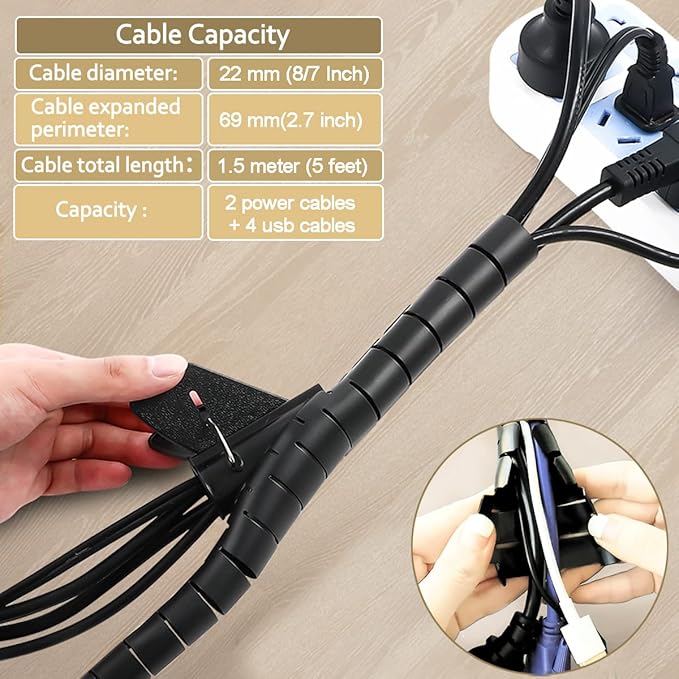 Black Computer Cable Management Sleeve Tube Under Desk Cord Organizer, 7/8 inch -5 ft Cover Wrap Easy to Install Messy Wire Solution for TV Office PC, Pet Chew and Bite Proof Cable Protector