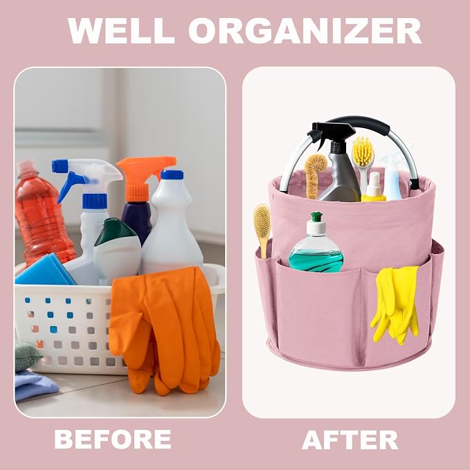 Cleaning Caddy with Handle, 17L Foldable Cleaning Supplies Organizer, Portable Storage Basket, Cleaning Supply Caddy, Multifunctional Cleaning Bucket Bag for Garden, Home, Kitchen (Pink)
