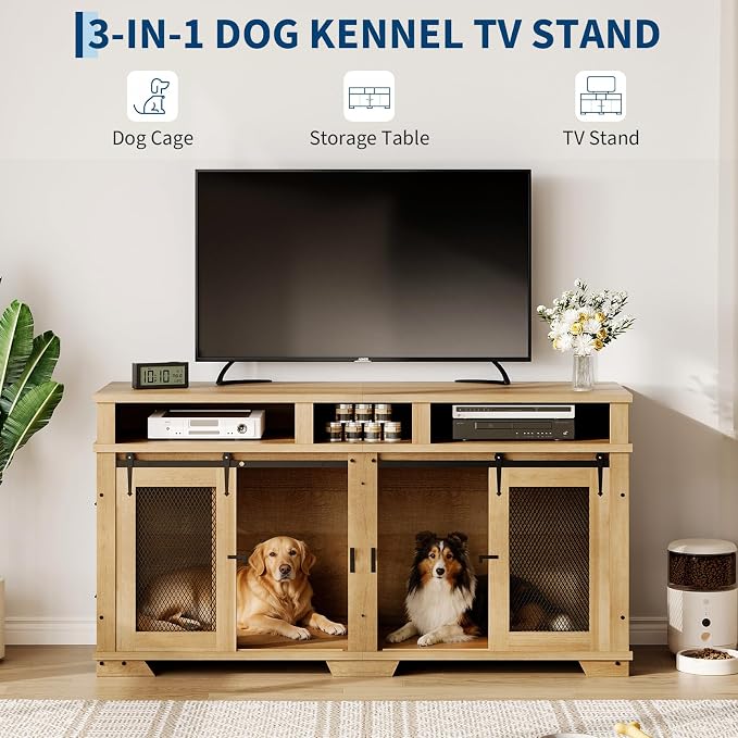 Garvee 71'' Dog Crate Furniture for 2 Dogs, Extra Large Double Dog Kennel Indoor with Removable Divider and Storage Drawers, Wooden Dog Crate TV Stand for Large Medium Dogs