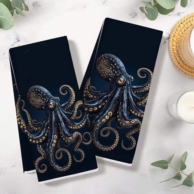 2PCS Goth Octopus Kitchen Towels 14x24 Inch, Absorbent Microfiber Decorative Dish Cloth Tea Towel, Dark Style Octopus Waffle Hand Towels for Kitchen Home Bathroom, Housewarming Gifts for Women