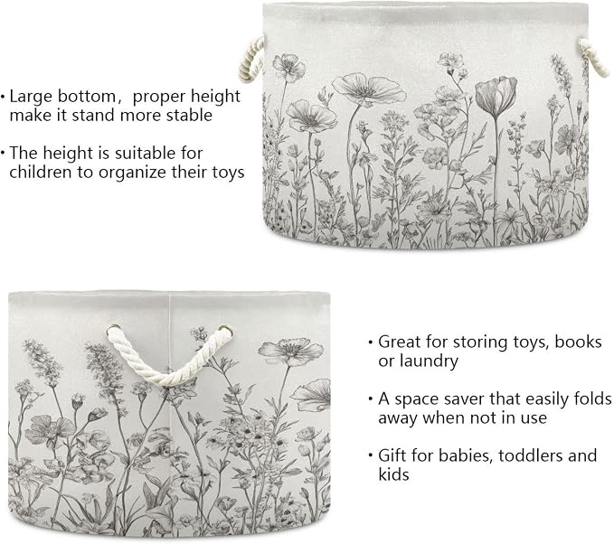 DOMIKING Large Storage Basket for Toys Floral Flower White Storage Bin Box Organizer Basket for Nursery Laundry Hamper Books Home Decor