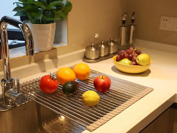 Ahyuan Roll up Dish Drying Rack Over The Sink Kitchen Roll up Sink Drying Rack Portable Dish Drainer Foldable Dish Drying Rack (Warm Gray, 17.8''X15.8'')
