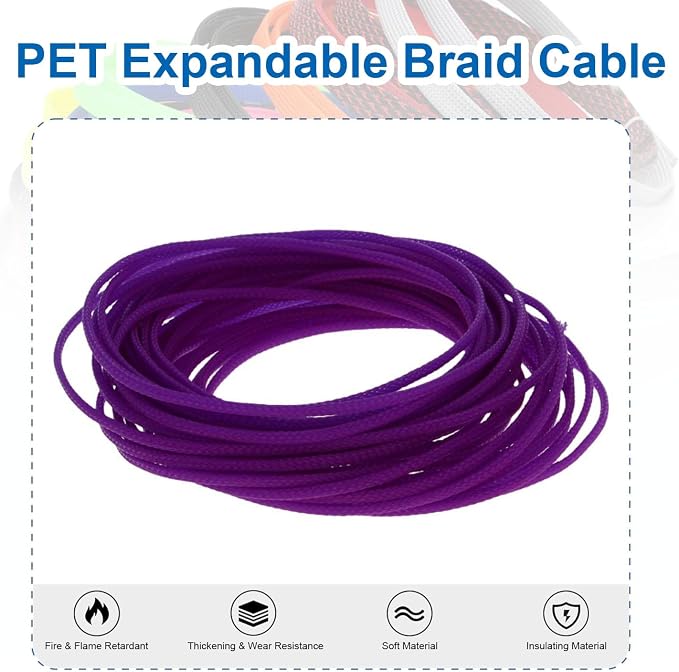 Heyiarbeit 10m/32.8ft PET Expandable Braid Cable Sleeving Flexible Wire Mesh Sleeve Purple 3mm