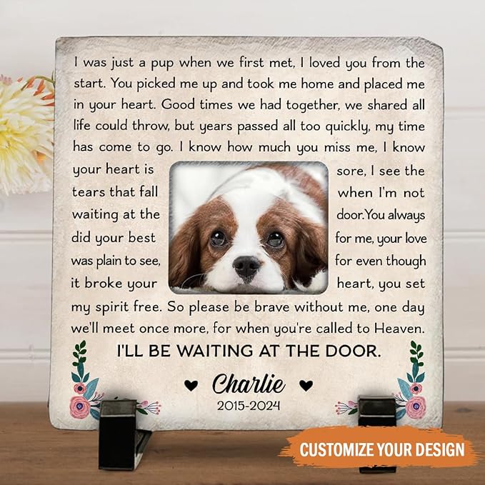 Wrappiness Pet Memorial Stone - I Will Be Waiting at Door, Personalized Dog Memorial Gifts, Remembrance Condolences Bereavement Gifts for Loss of Pet Custom Photo (Square 02, Stone with Stand)