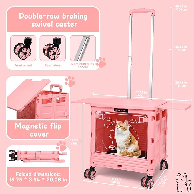 2-in-1 Foldable Shopping Cart & Rolling Pet Carrier, 55L Collapsible Utility Cart with Wheels, Pet Carrier with Telescopic Handle for Cats & Small Dogs, Portable Grocery Cart for Picnic, Travel-Pink