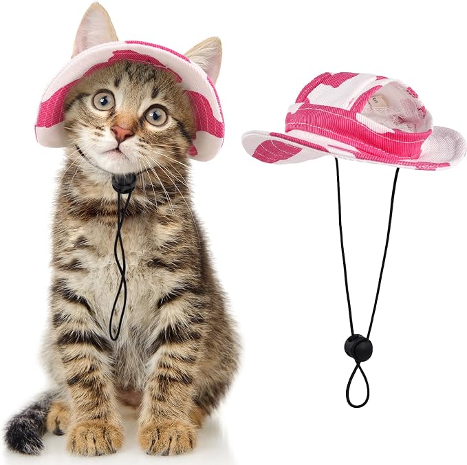 DENTRUN Cat Bucket Hat with Ear Hole, Cotton Birthday Bonnet for Small Pets | Breathable cotton, Adjustable Secures fit, For birthday Party, For small cats, daily cute photos