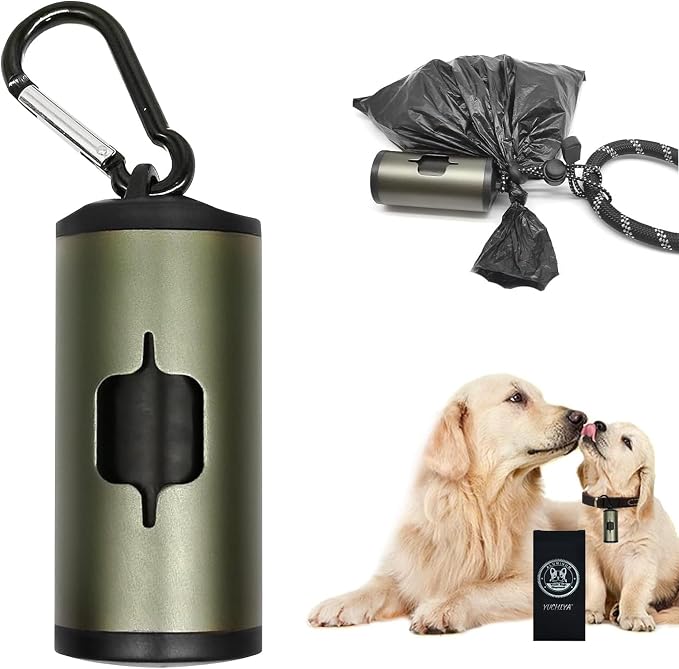 YUCHIYA Aluminum Dog Poop Bags Holder with Carabiner Metal Pet Waste Bags Dispenser with Hook and Loop Fastener and Elastic Cord to Carry Used Bags (Olive Green, 1 Holder 15 Bags)