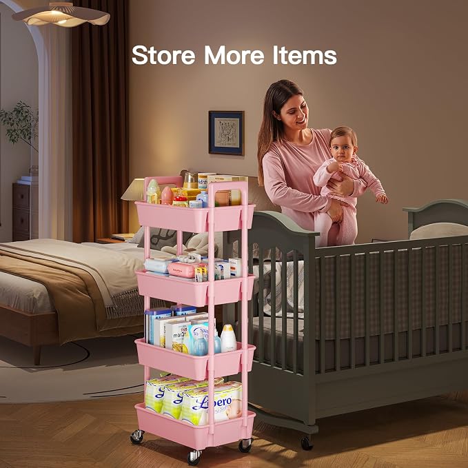 Pipishell 4 Tier Rolling Cart Organizer, Plastic Rolling Cart with Lockable Wheels & Reinforced Handle, Lightweight Utility Storage Cart for Nursery, Kitchen, Craft Room, Pink