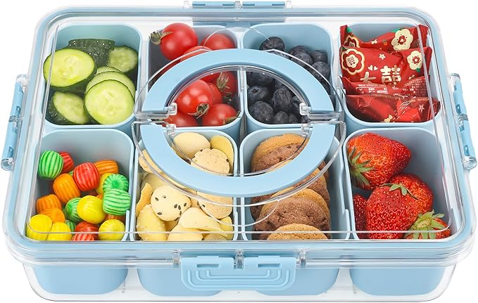 Snackle Box Snack Container Tray with Lid, Divided Serving Tray with Handle | Portable Snack Platter Fruit Veggie Trays Snackele Box Containers for Charcuterie, Party, Snack, Nuts, Beach, Travel, Picnic