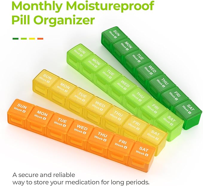 AUVON Moisture-Proof Monthly Pill Organizer, Large 28-Day Compartments | Pill Box Case with Removable 4 Weeks Medication Organizer Rows for Fish Oils, Vitamins, Supplements, Medications, BPA-Free