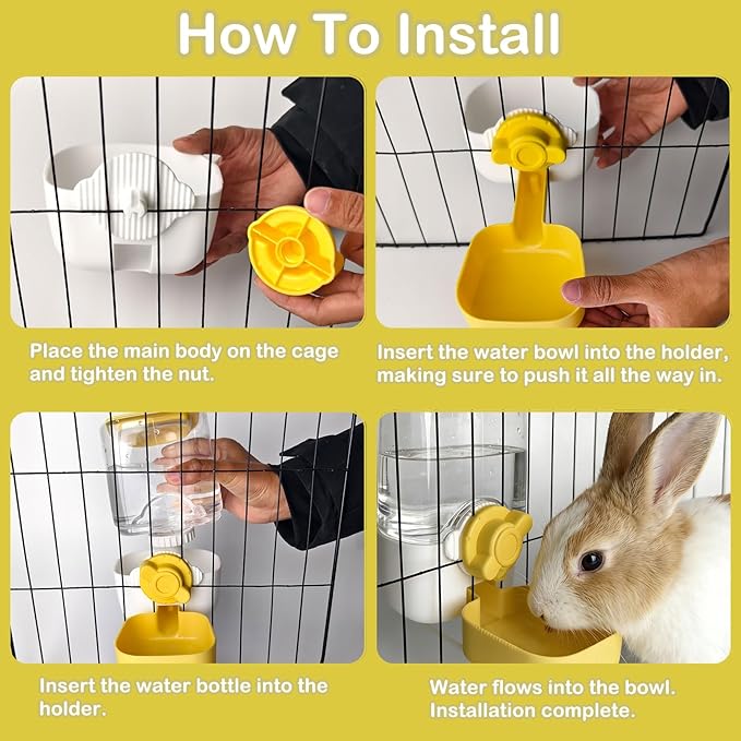 Rabbit Water Bottle, 34oz Pet Hanging Water Dispenser, Cat Water Feeder for Small Animal Ferret Guinea Pig Chinchilla Small Dog Cage Grid Spacing 1.2''-2.1''(Yellow)