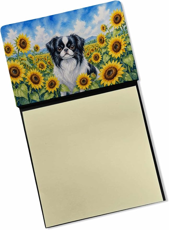 Caroline's Treasures Japanese Chin in Sunflowers Watercolor Sticky Note Holder Refillable Dispenser Desk Accessory 3x3 Pad Gift