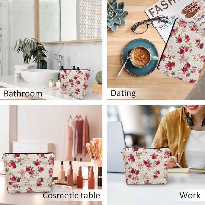 Makeup Bag For Purse Rose, Retro Floral Roses Red Cosmetic Bags For Women With Zipper Travel Toiletry Pouch Makeup Bags Makeup Organizers Purse For Toiletries Cosmetics