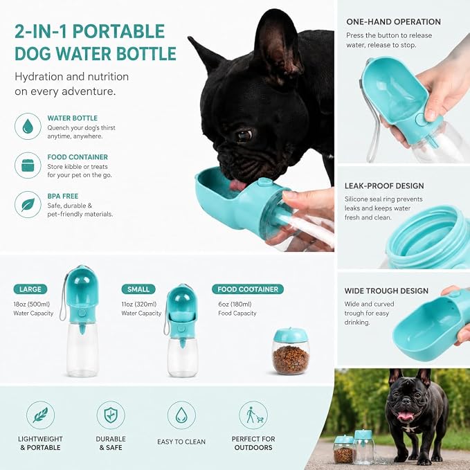 2-in-1 Dog Cat Portable Water & Food Travel Dispenser Bottle (Blue) | 2-in-1 travel pet cup with 500ml water & 180ml food storage, leak-proof portable feeder for dog cat walking hiking trips