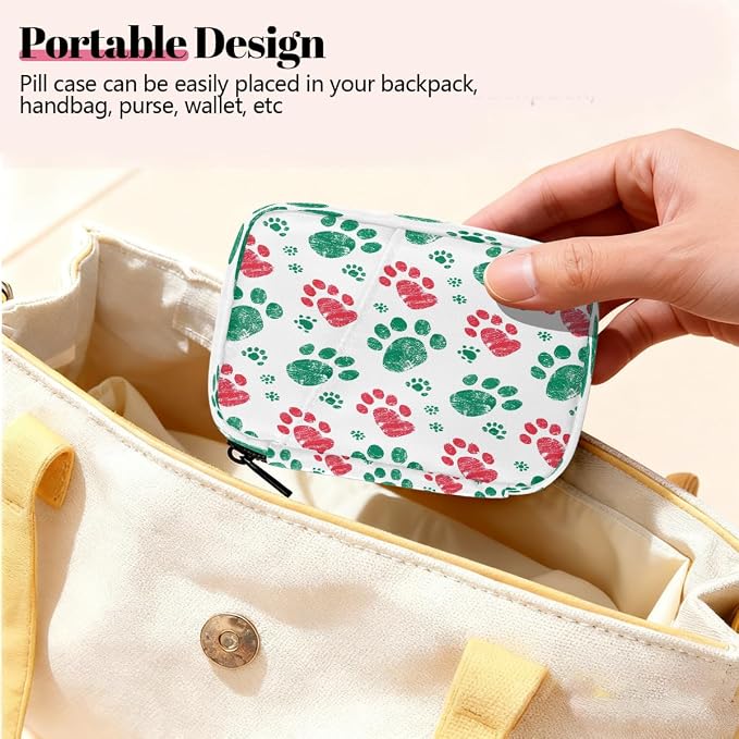 Weekly Pill Organizer Travel Size Bag with Removable 7 Day Pill Box Portable Vitamin Case Purse with Zipper,Christmas Pet Paws White