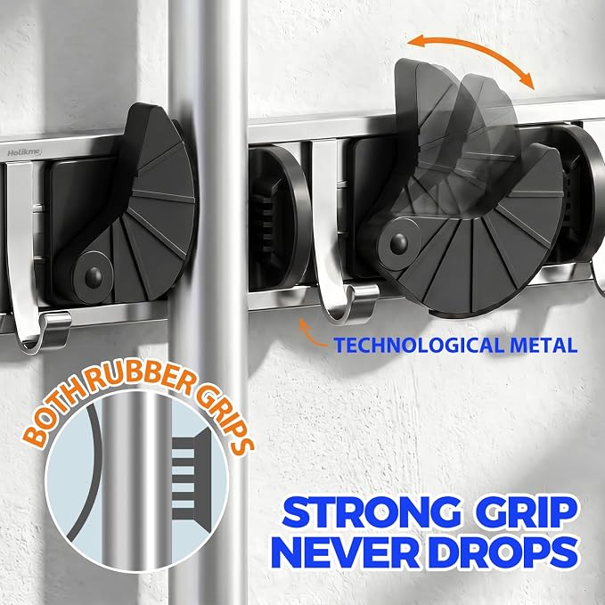 Holikme Mop Broom Holder Wall Mount Metal Pantry Organization and Storage Garden Kitchen Tool Organizer Wall Hanger for Home Goods (4 Positions with 4 Hooks, Black)