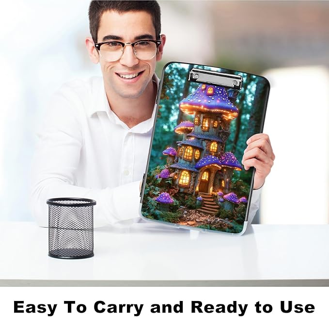 A4 Clipboard with Storage Pen Holder, Clipboards Organizer Nursing Clipboard Foldable File Folder Plastic Clipboard Folio Clip Board for Office Work Classroom Doctor, Purple Mushroom Castle