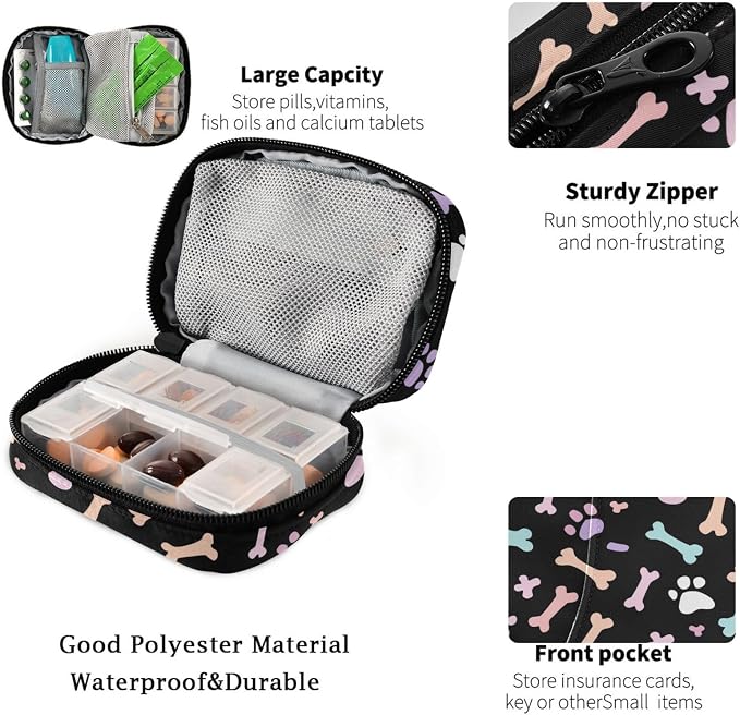 Fustylead Pastel-Colored Dog Paw Prints and Bones Pill Organizer and Storage Weekly with Zipper, Removable Pill Box Portable Medicine Organizer for Vitamin Fish Oil Supplement