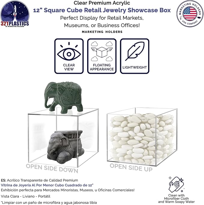 2 Pack 12" Acrylic Display Riser Box with One Open Side No Lid Versatile Clear Square Retail Product Platform and Merchandise Storage Bin No Assembly by Marketing Holders