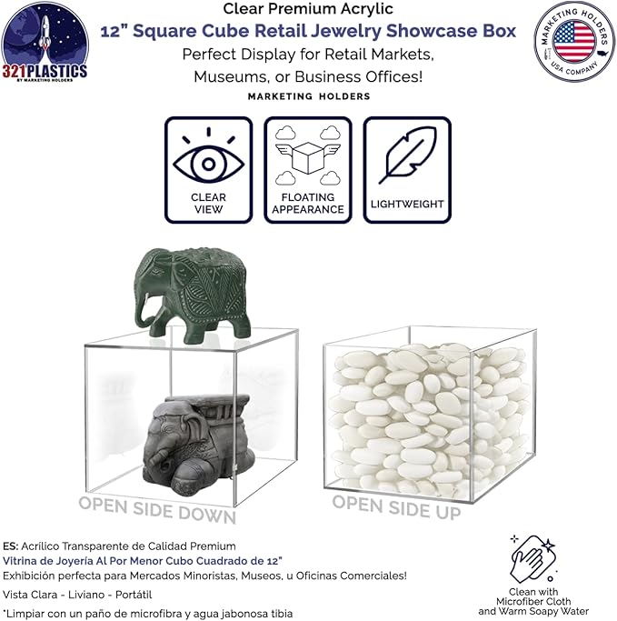 2 Pack 12" Acrylic Display Riser Box with One Open Side No Lid Versatile Clear Square Retail Merchandise Storage Bin or Product Platform No Assembly Required by Marketing Holders