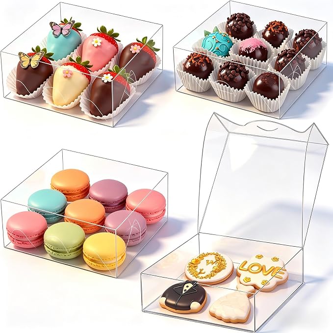 20pcs 6x6x2 Inches Cookies Boxes with Clear Window Macaron Boxes Chocolate Covered Strawberries Boxes Cake Plastic Boxe Bakery Boxes Chocolate Truffle Treat Boxes for Gift Cakesickle