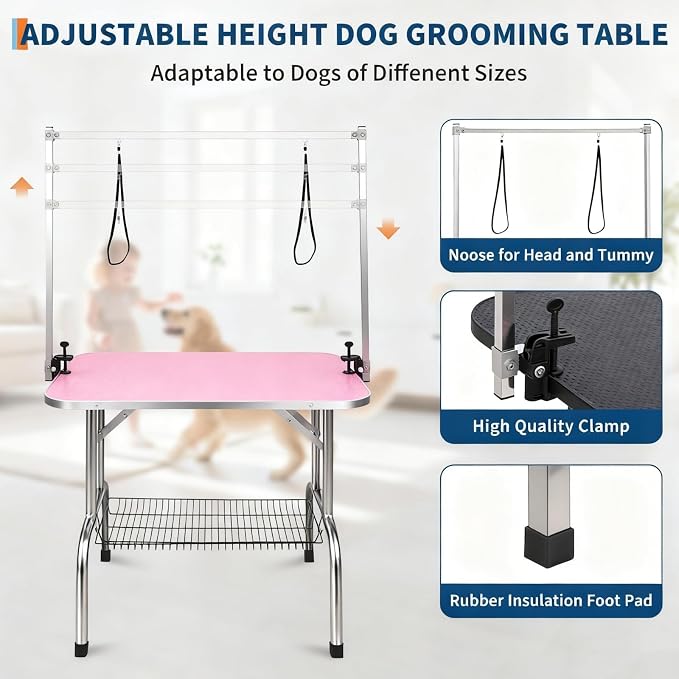 Dog Grooming Table, 30 Inch Pet Grooming Station w/Arm & Noose | Adjustable Height, Foldable Design, Non-Slip Surface & Mesh Tray, Holds Up to 330Lbs for Cat/Dog Trimming Drying, Pink
