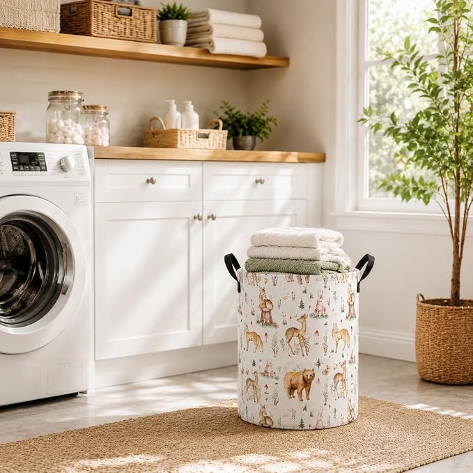 MAIZMZ Woodland Animal Storage Bin, Waterproof Lining Laundry Basket with Leather Handles for Kids Room, Gifts