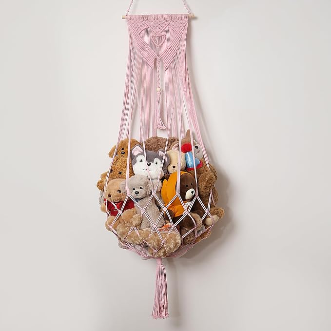 Amdermi Stuffed Animal Net or Hammock Corner or Wall Hanging Net for Plush Toy Storage Boho Macrame Toy Display Nursery Bedroom Decor Stuffy Animal Toy Organizer (Pink)