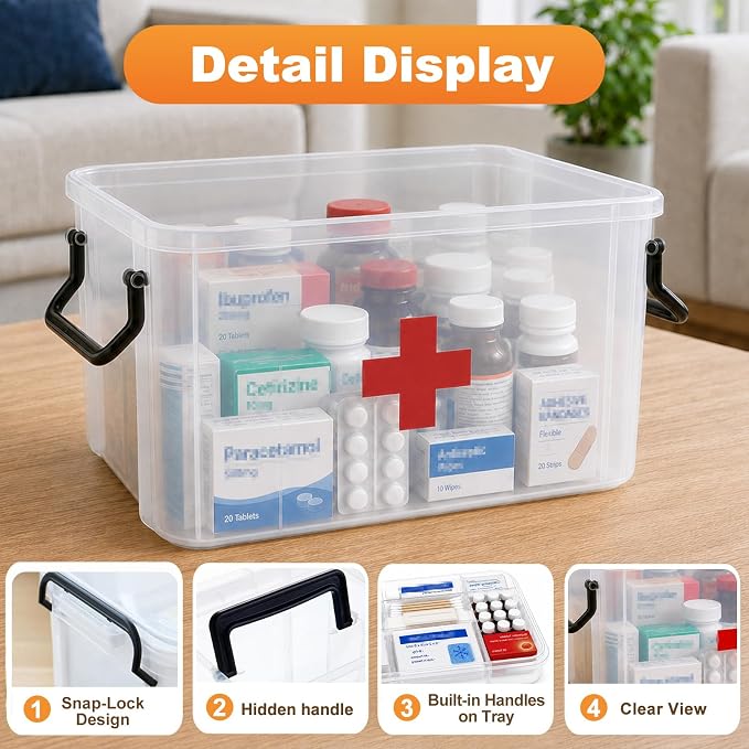 2 Pack Clear Medicine Organizer Box with Handle, Plastic Medicine Container with Tray Empty First Aid Box Empty, Thickened Medicine Storage Organizer Multipurpose Medication Organizer Storage, Clear
