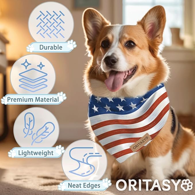 4th of July Dog Bandanas, 2-Pack Triangle Reversible Pet Scarves, Premium Fabric, US Flag Bandana for All Dogs (X-Large, Style 3)