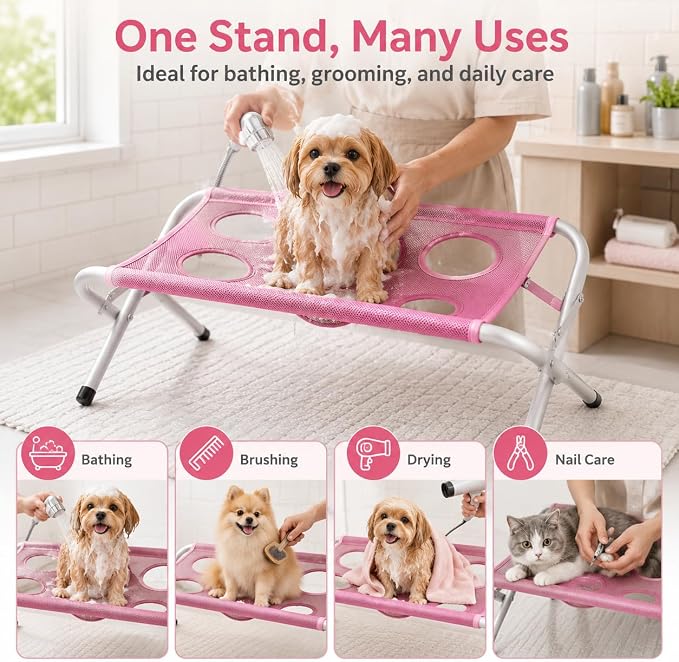 Foldable Pet Bathing Stand, Dog Grooming Bath Stand with Mesh Surface (Gray) | Elevated Dog Washing Station with Support Strap, Portable Metal Frame Bathing Rack for Small Dogs and Cats