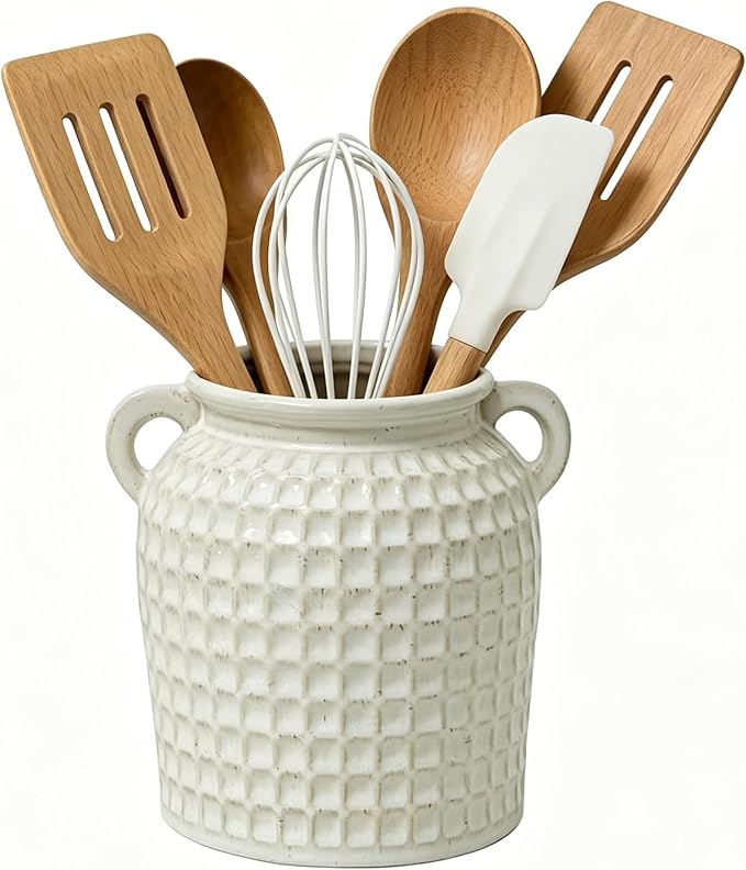 Rustic Ceramic Utensil Holder, 6.7" Kitchen Cooking Utensil Holder | Utensil Organizer Crock with Handle for Kitchen Counter, Vintage Farmhouse Home Decor, Flower Pot, Countertop Spoon Tools