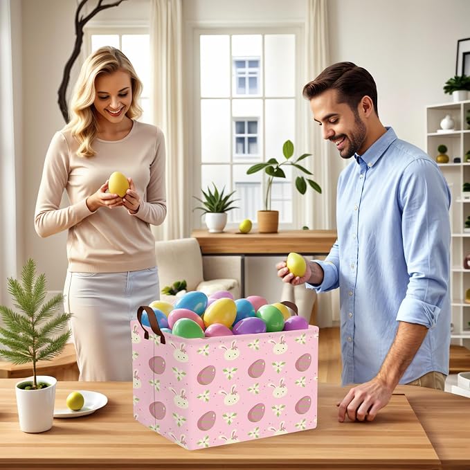 Large Cute Easter Basket for Kid Empty Gift Baby Rectangle Storage Bin Bunny Eggs Boy＆Girl Room Décor (Rabbit Pink Flower Egg)