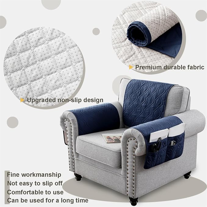 Recliner Armrest Cover with Headrest, Chair Armrest Slipcover with Side Pockets, Water-Resistant, Non Slip Furniture Protector for Pets (Navy Blue,3 Seater 5PCS)