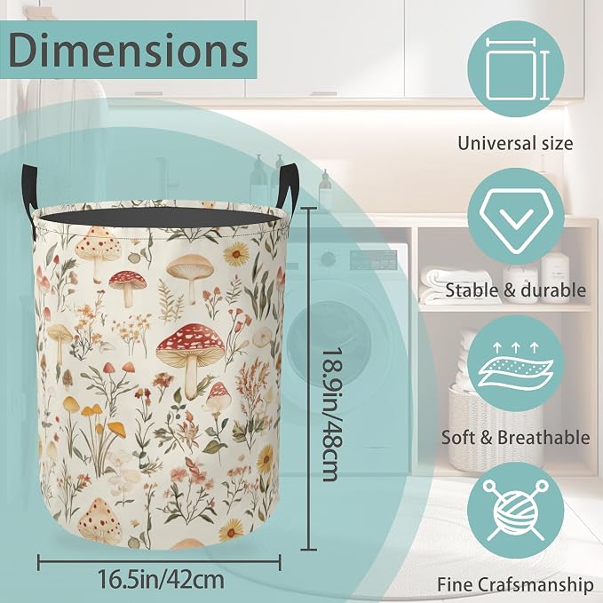 Mushroom Round Laundry Hamper Storage Basket Toys Clothes Organizer Bin For Home Bathroom Bedroom Dorm Nursery