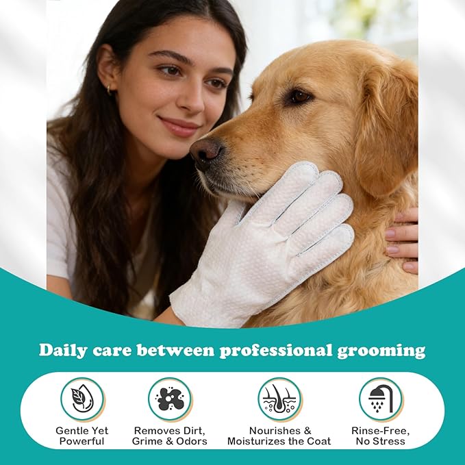 Pet Glove Wipes for Dogs & Cats, Travel-Friendly, with No-Rinse Foam Mousse for Enhanced Cleaning & Deodorizing, Extra Thick Hypoallergenic Design, Ideal for Large & Playful Puppies