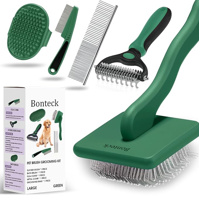 Bonteck Dog Slicker Brush for Dogs Grooming Kit 4PCS | Large Dog Brush for Goldendoodles Poodles Doodles | Long Pin Haired Brush | Poodle Brushes and Comb (Green)