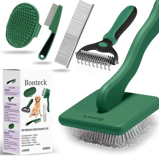 Bonteck Dog Slicker Brush for Dogs Grooming Kit 4PCS | Large Dog Brush for Goldendoodles Poodles Doodles | Long Pin Haired Brush | Poodle Brushes and Comb (Green)