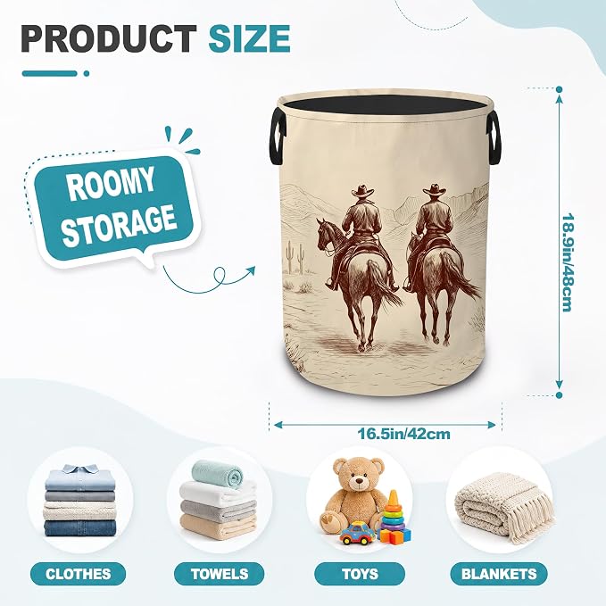 Western Cowboy Dirty Clothes Hamper,Foldable Laundry Basket with Handles,Desert Horse Waterproof Oxford Cloth Storage Bin for Bedroom Bathroom Nursery,16 x 20 Inch