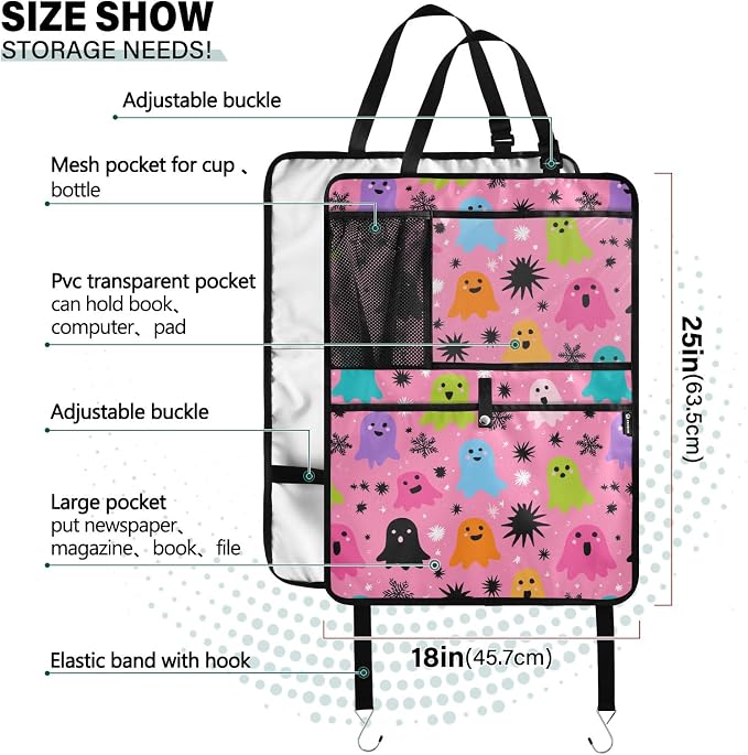 2 Pack Back Seat Car Organizer with Storage Pockets Kick Mats Back Seat Protector Hanging Car Organizer Automotive Seat Back Cover Organizers Hot Pink Halloween Ghost Snowflakes