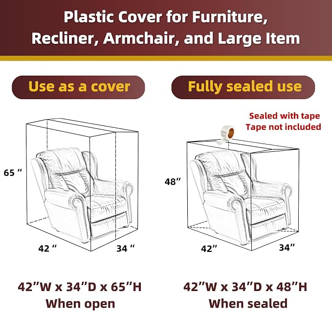 Yotelab Plastic Chair Cover for Moving and Storage, 42Wx34Dx65H/48H Inch | Open, No Seal, Clear Moving Bags for Recliner, Armchair, Patio Chair, or Other Bulky Furniture