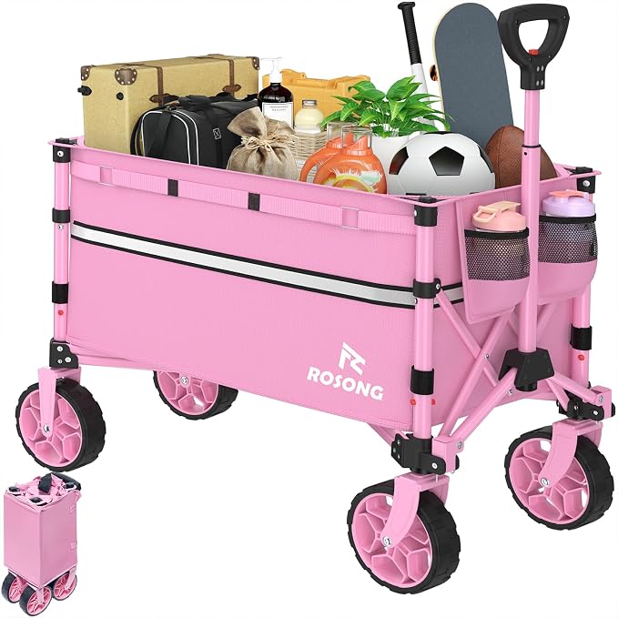 ROSONG Collapsible Wagon Cart with Wheels Foldable - Folding Utility Heavy Duty Wagons Carts for Grocery Sports Garden Shopping Camping Wheelbarrows (Pink, 120L)