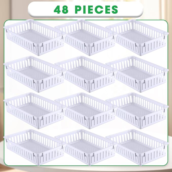 Boao 48 Pieces Plastic Baskets for Organizing 10.24 x 6.5 x 2.36 Inch Rectangular Storage Trays Plastic Organizer Bins Rectangle for Classroom Organization(White)