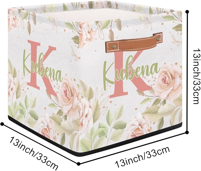 Personalized Name-Initial Pink Flower Storage Baskets for Women Girls, Custom Portable Square Storage Bins with Handles Foldable Organizer for Clothes, Toys, Blanket, Towel,Pet 13”