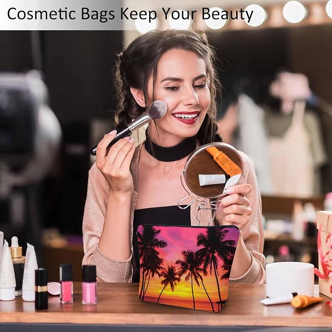 Tropical Beach Makeup Bags Makeup Organizer, Hawaii Ocean Beach Palm Trees Sunset Flax Toiletry Bags Travel Cosmetic Bag Makeup Purse Pouch Skincare Bag Wallet Bags For Women Female Mom