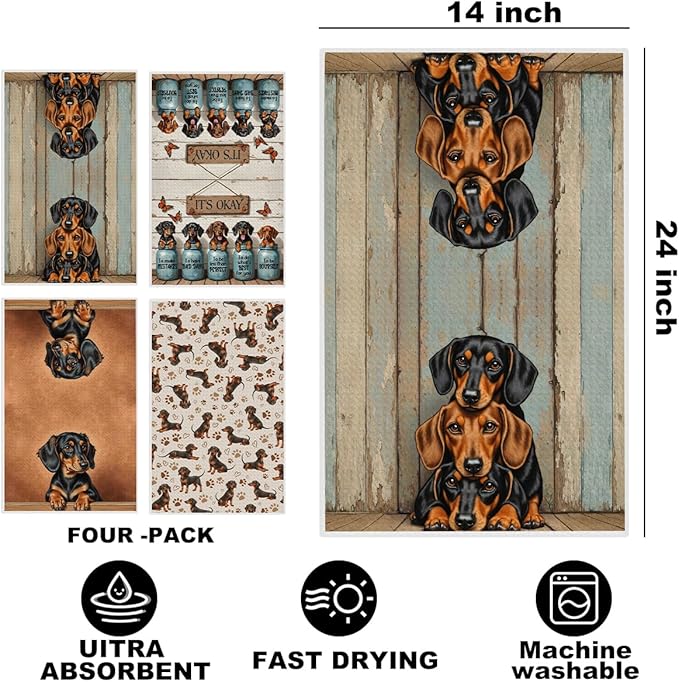 4 Pcs Dachshund Kitchen Towels 24x14 Inch, Dachshund Gifts Reusable Dish Towels for Kitchen Bathroom Decor, Weiner Dog Hand Cloth Tea Towel, Cute Dog Inspirational Gifts for Women Mom Friend