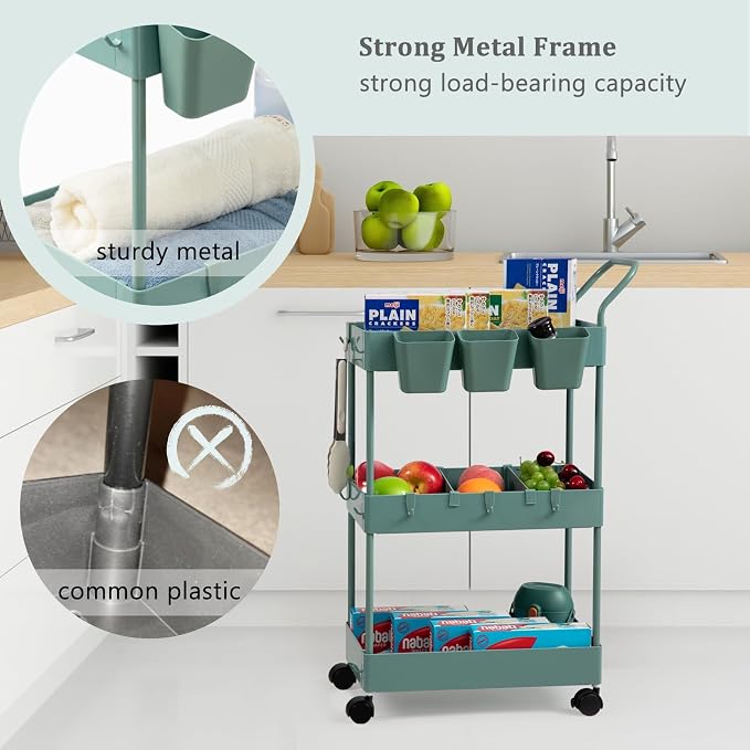 danpinera Storage Cart on Wheels, 3 Tier Bathroom Cart Organizer Slim Laundry Narrow Shelf with Wheels Dividers Hanging Cups Hooks Handle Easy Assembly, Green