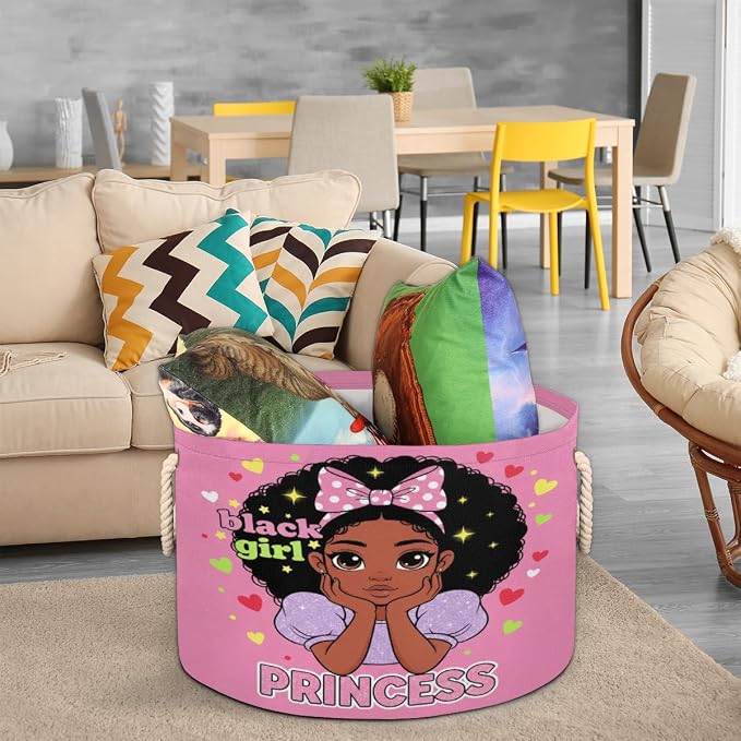 Large Storage Baskets, Black Girl Princess Nursery Organizer Bin Box with Handles Collapsible Round Laundry Hamper for Kids Toys Pet Blanket, Bedroom Living Room Home Decor Gift Basket