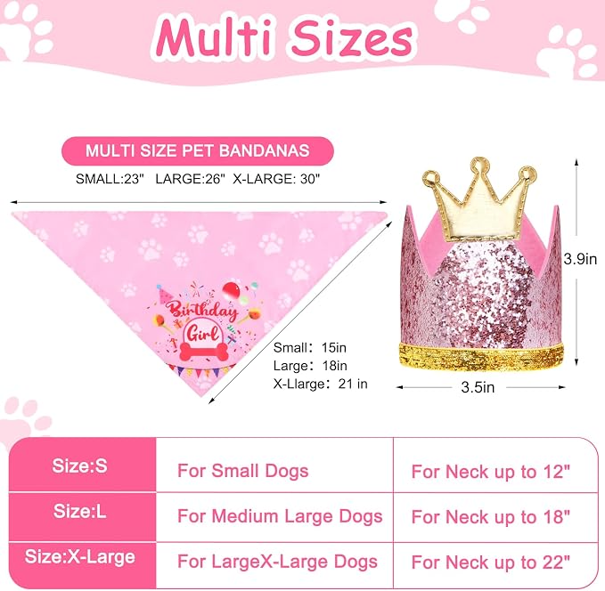 Rensh Dog Birthday Party Supplies, Dog Birthday Bandana Hat with Numbers for X-Large Large Small Pets, Multi Size Birthday Decorations for Dogs and Cats (Pink, Large)